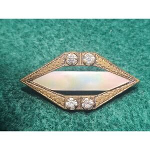 Antique Art Deco Mother of Pearl Brooch with Rhinestones, Gold Tone 1920's